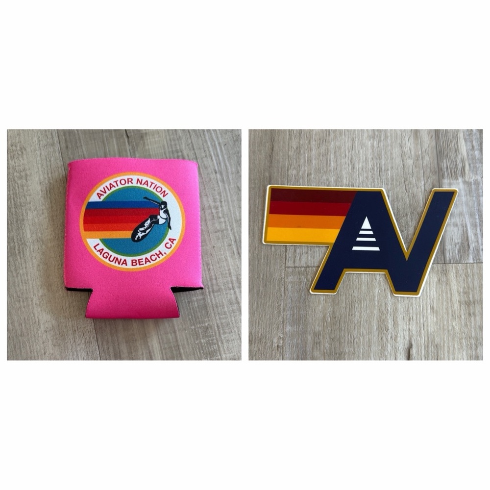 Aviator Nation sticker and koozie